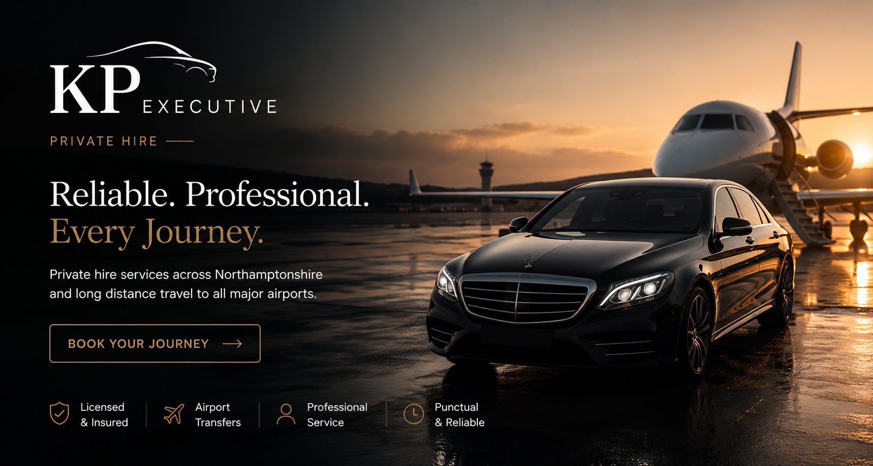 KP Executive private hire vehicle at an airport during sunset